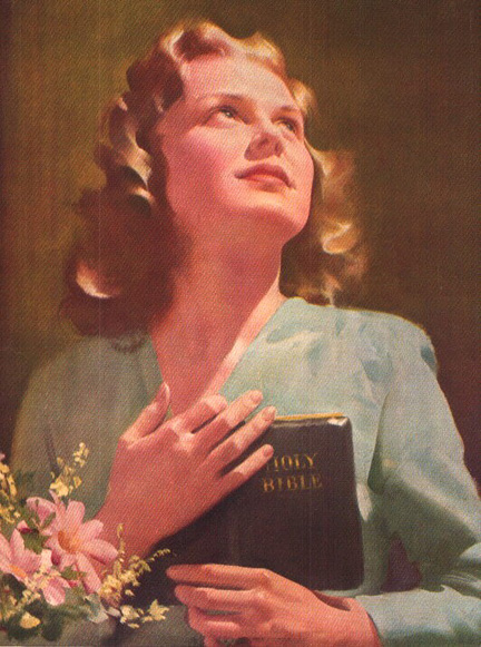 Painting by Harry Anderson of a white woman holding an open Bible to her chest and looking up towards heaven.